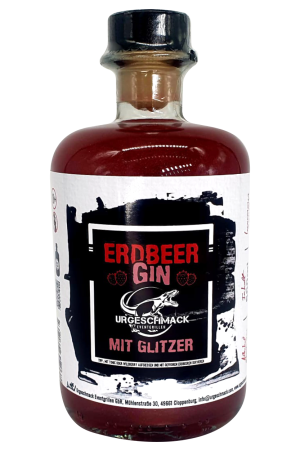 Erdbeer-Gin-Flasche mit Glitzer-Effekt.